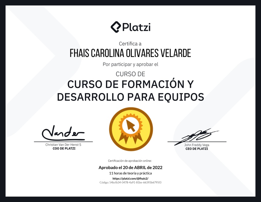 Diploma del Curso de Formación y Desarrollo para Equipos