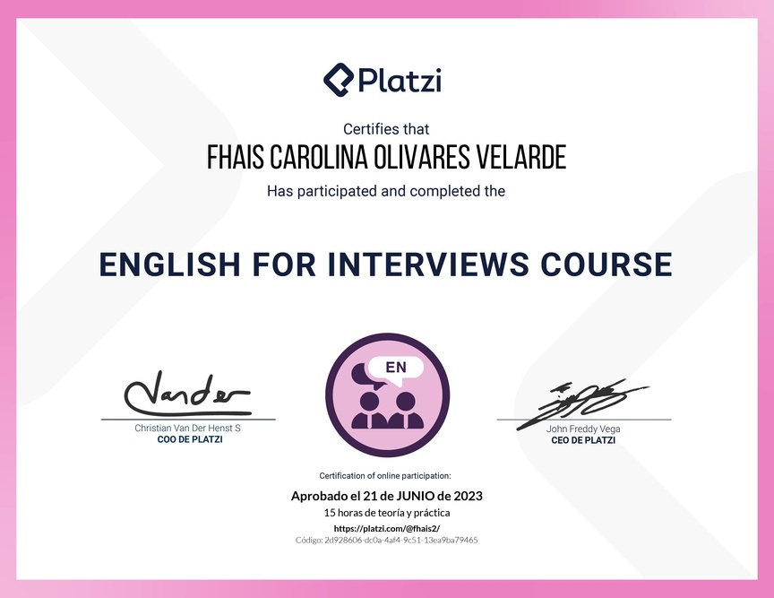 Diploma del Curso para Entrevistas de Trabajo en Inglés (2020)