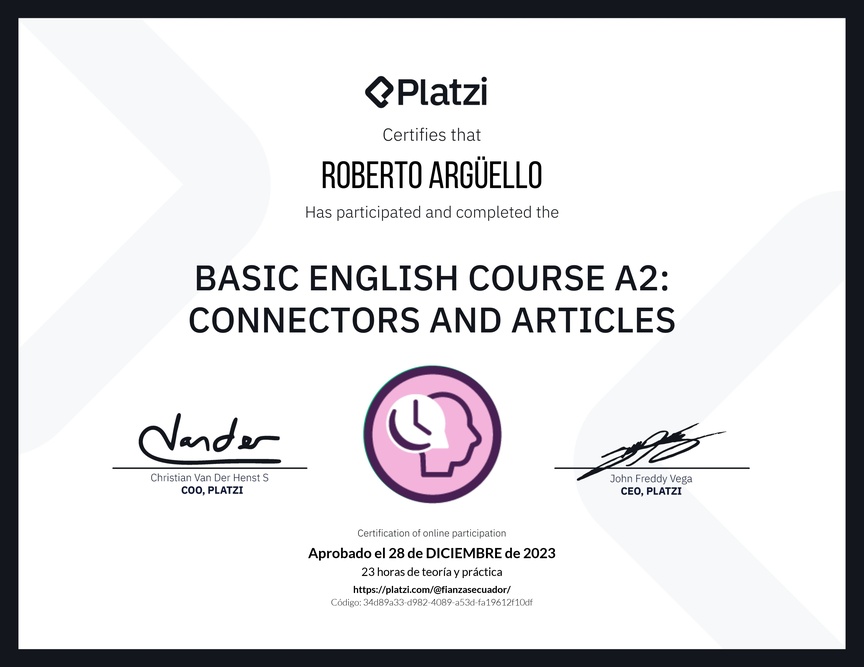 Diploma del Curso de Inglés Básico A2: Conectores y Artículos