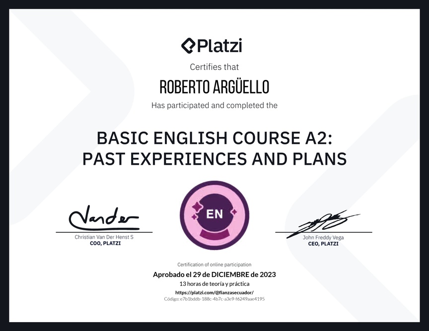 Diploma del Curso de Inglés Básico A2: Experiencias Pasadas y Planes