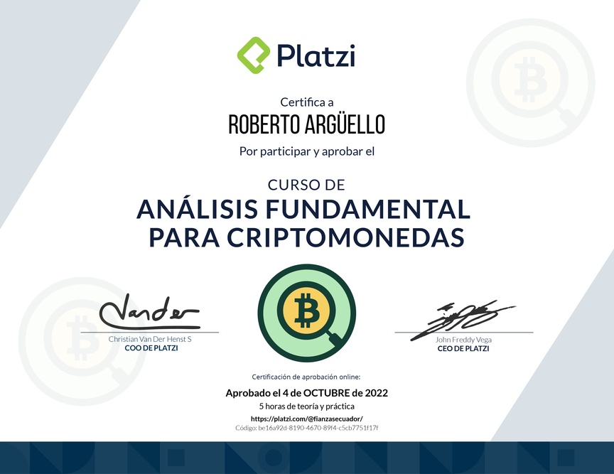 Diploma del Curso de Análisis Fundamental para Criptomonedas