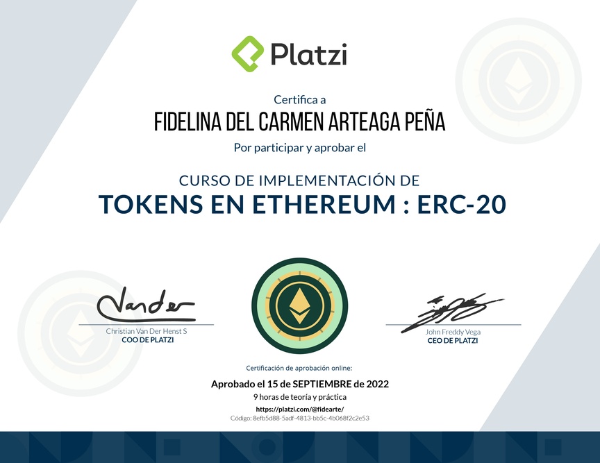 Diploma del Curso de Tokens en Ethereum: Implementación con ERC-20