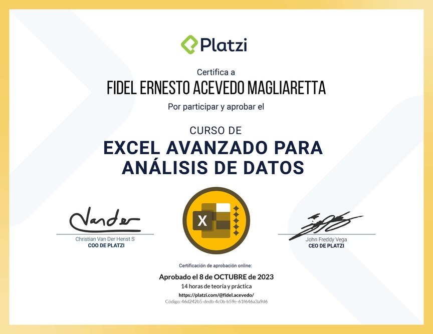 Diploma del Curso de Excel Avanzado para Análisis de Datos