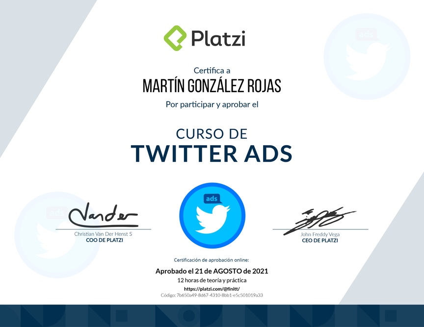 Diploma del Curso de Twitter Ads