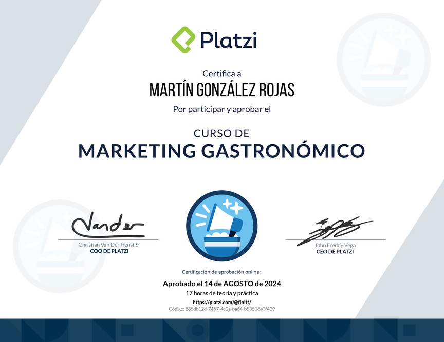 Diploma del Curso de Marketing Digital para Proyectos Gastronómicos