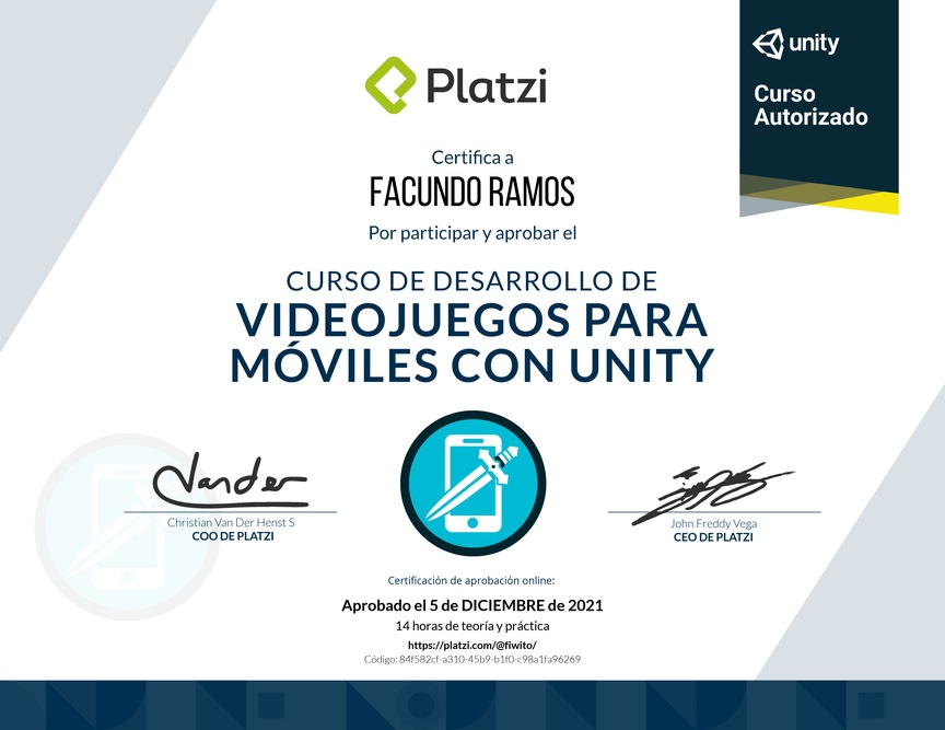 Diploma del Curso de Desarrollo de Videojuegos para Móviles con Unity