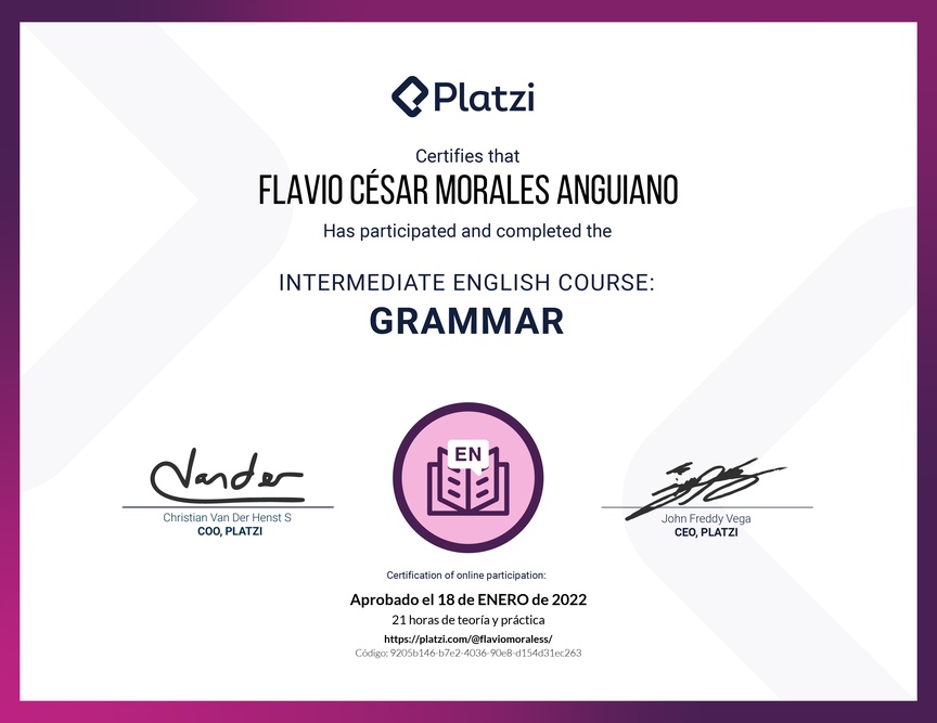 Diploma del Curso Intermedio de Gramática en Inglés (2020)