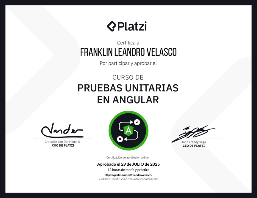 Diploma del Curso de Pruebas Unitarias en Angular