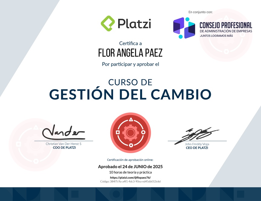 Diploma del Curso de Gestión del Cambio para Empresas