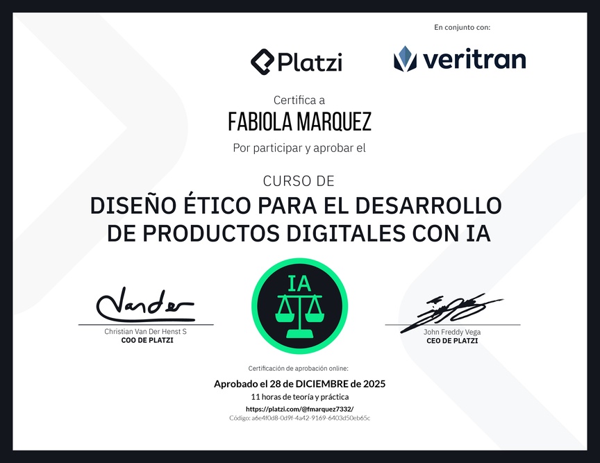 Diploma del Curso de Diseño Ético para el Desarrollo de Productos Digitales con IA
