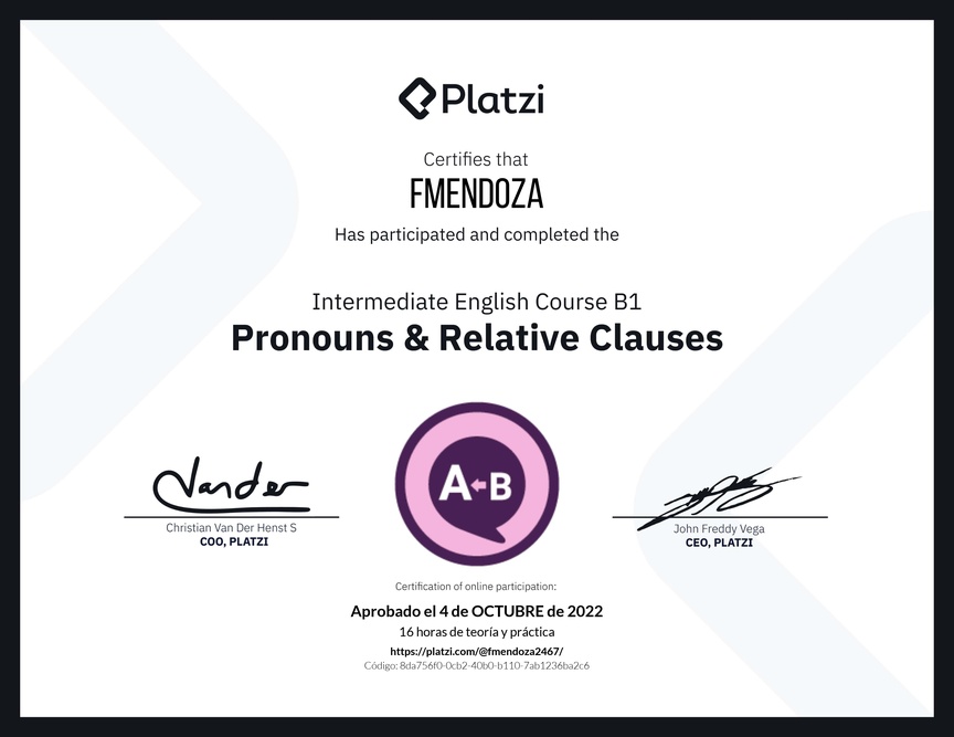 Diploma del Curso de Inglés Intermedio B1: Pronombres y Cláusulas Relativas
