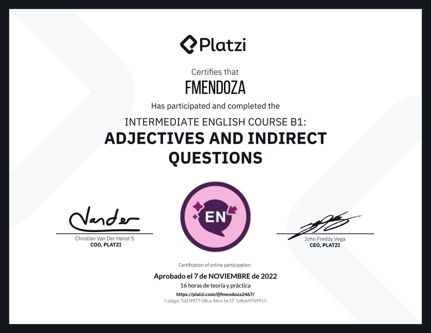 Diploma del Curso de Inglés Intermedio: Adjetivos y Preguntas Indirectas (2021)