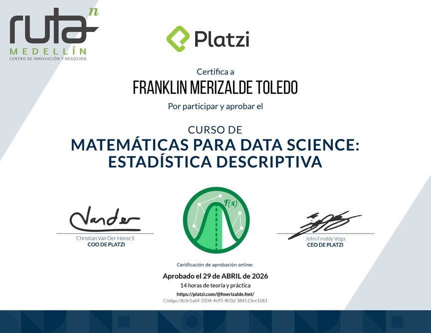 Diploma del Curso de Matemáticas para Data Science: Estadística Descriptiva
