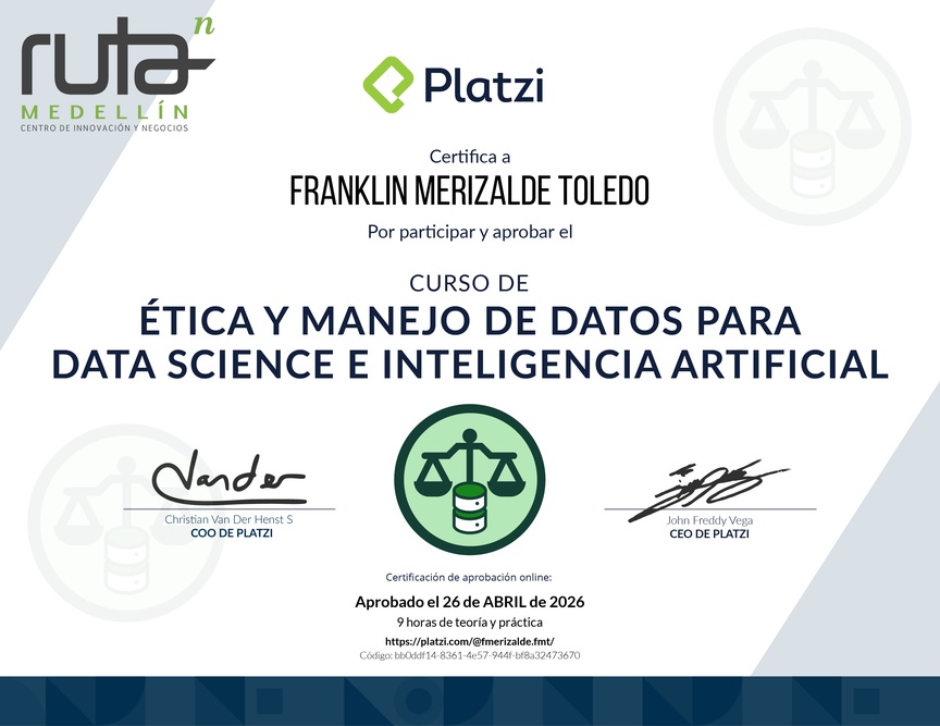 Diploma del Curso de Ética y Manejo de Datos para Data Science e Inteligencia Artificial
