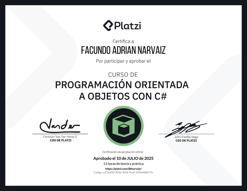 Diploma del Curso de Programación Orientada a Objetos con C#