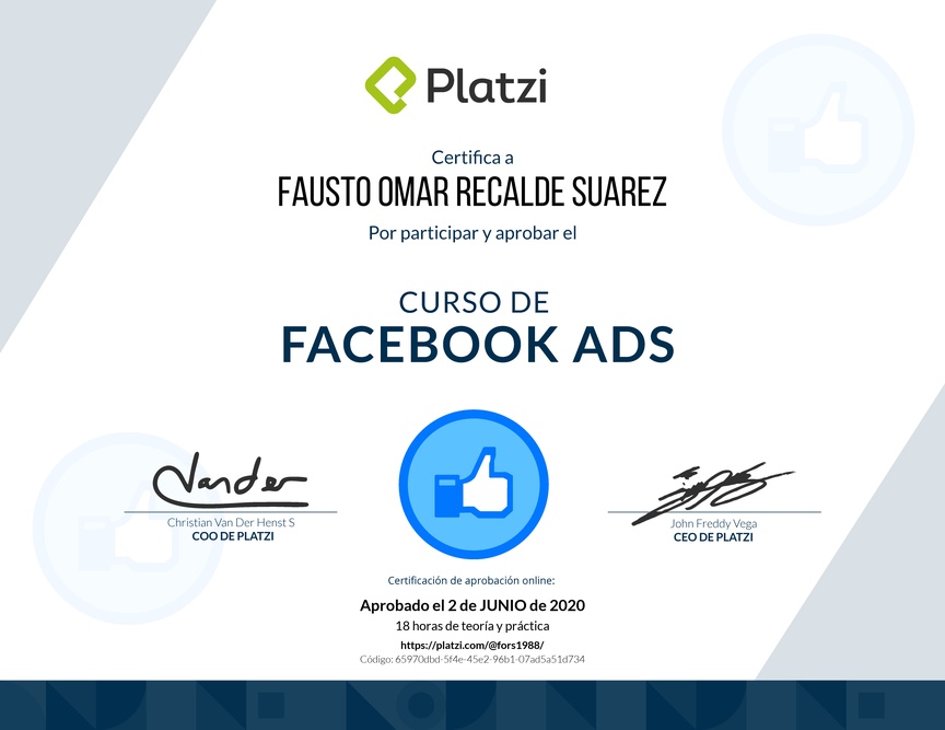 Diploma del Curso de Facebook Ads 2020
