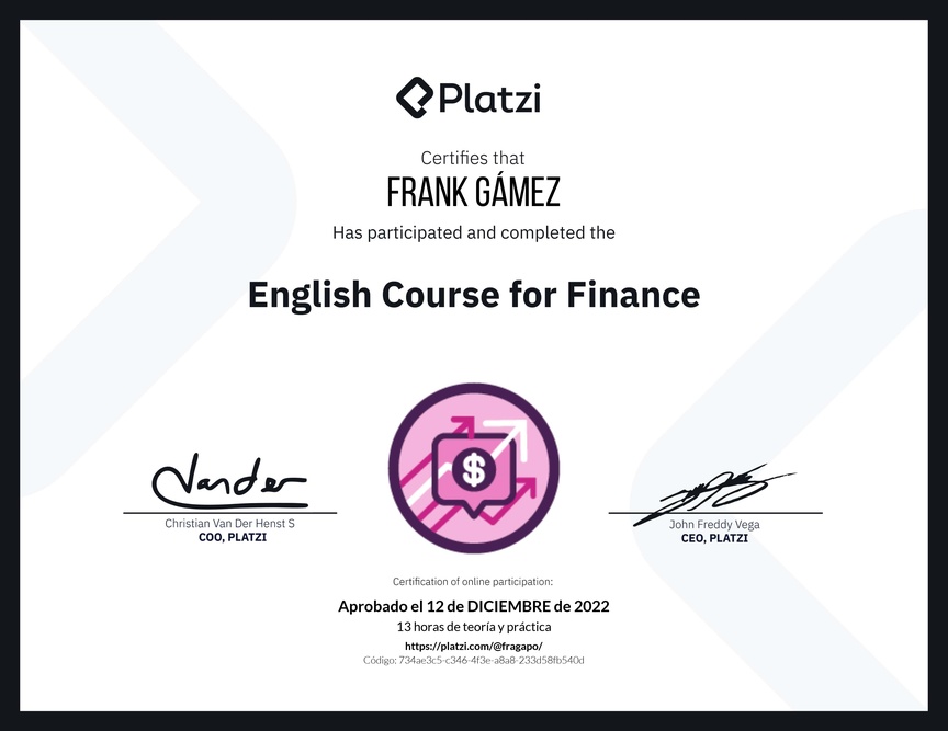 Diploma del Curso de Inglés para Finanzas (2020)