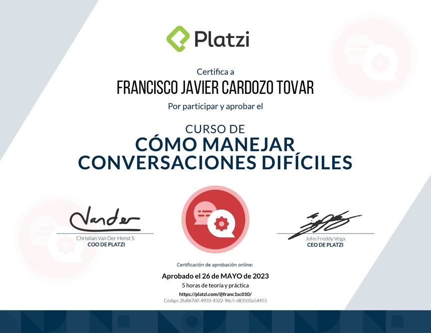 Diploma del Curso de Cómo Manejar Conversaciones Difíciles con Clientes