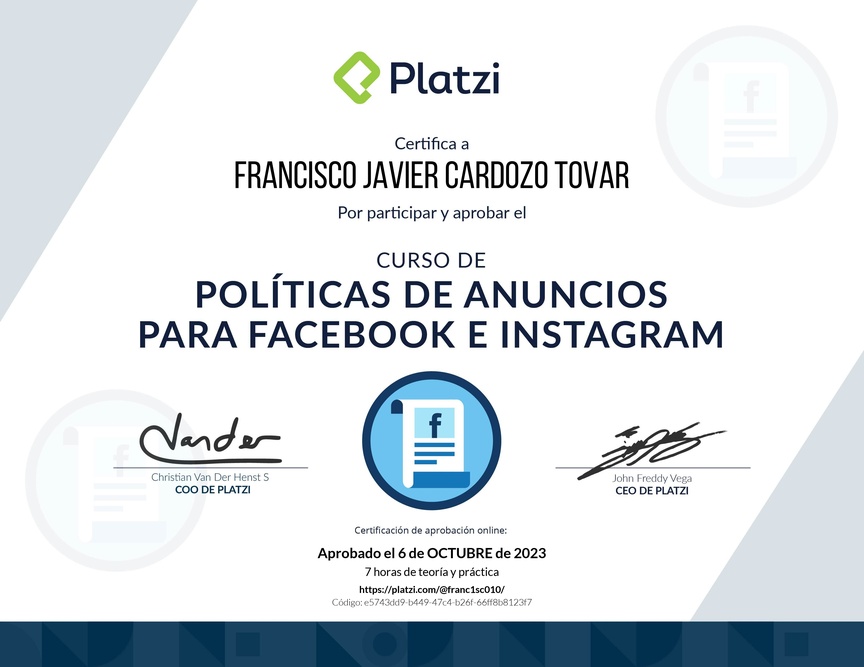Diploma del Curso de Políticas de Anuncios en Facebook e Instagram