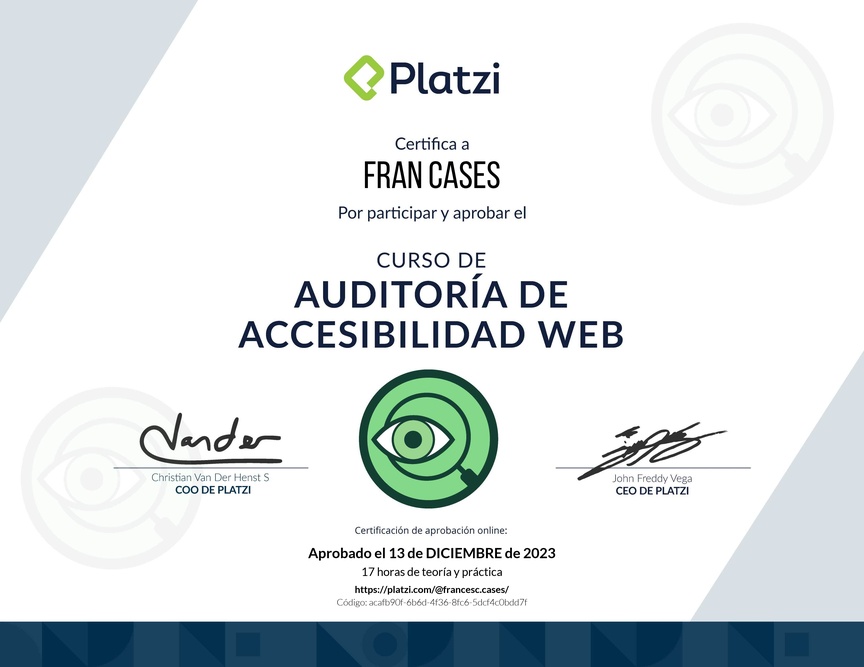 Diploma del Curso de Accesibilidad Web: Auditoría de Proyectos