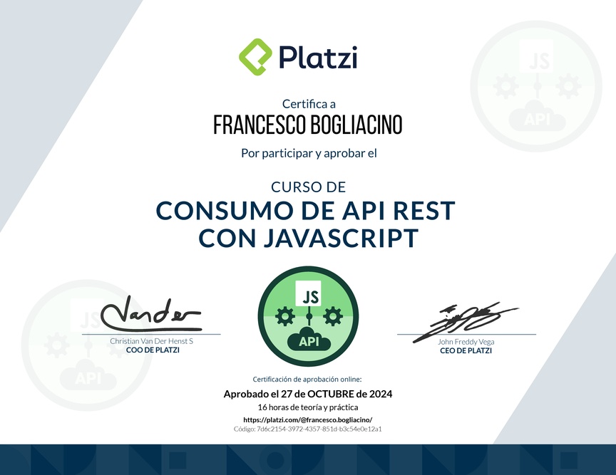 Diploma del Curso de API REST con Javascript: Fundamentos