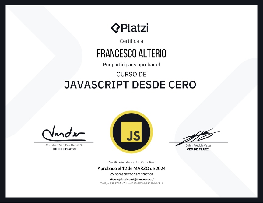 Diploma del Curso de JavaScript Desde Cero