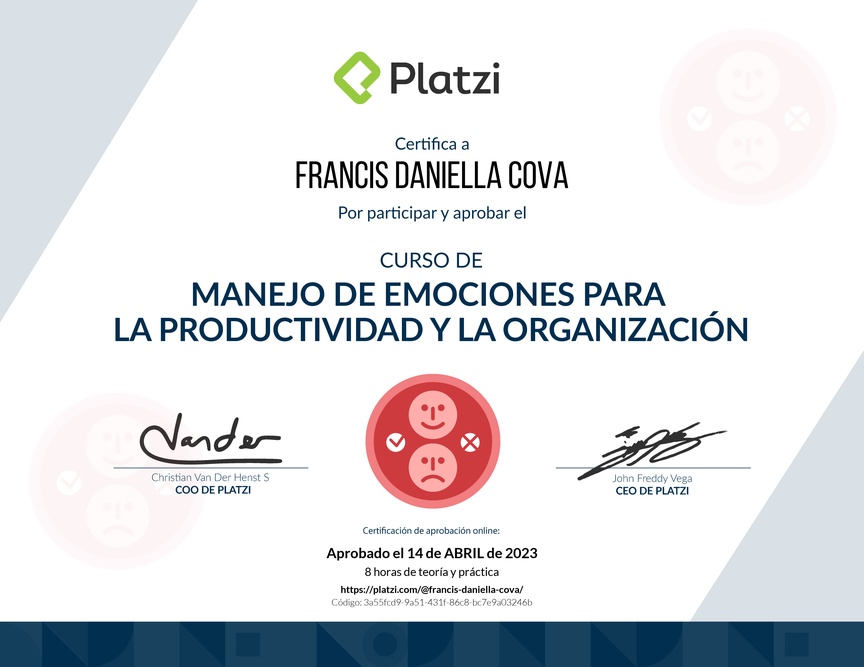 Diploma del Curso de Manejo de Emociones para la Productividad y la Organización