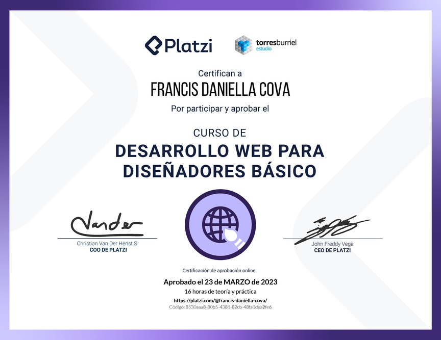 Diploma del Curso Desarrollo Web para Diseñadores