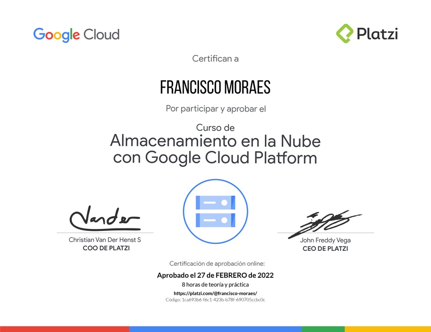 Diploma del Curso de Almacenamiento en la Nube con Google Cloud Platform