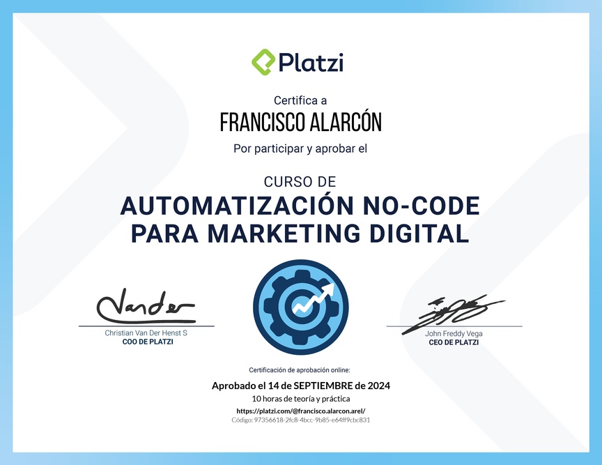 Diploma del Curso para Crear Automatizaciones No-Code para Marketing Digital
