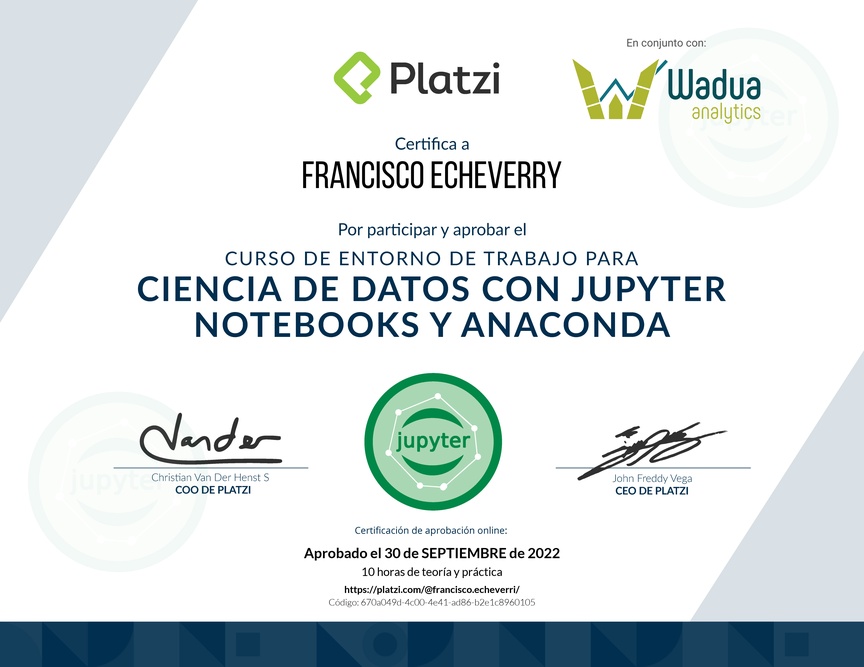 Diploma del Curso de Entorno de Trabajo para Ciencia de Datos con Jupyter Notebooks y Anaconda
