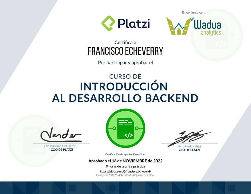 Diploma del Curso de Introducción al Desarrollo Backend