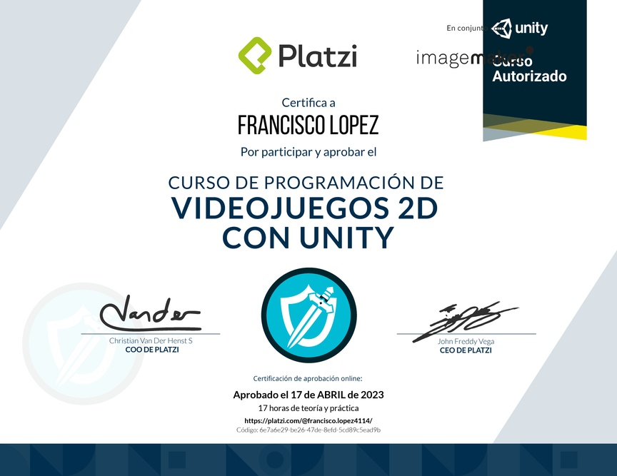 Diploma del Curso de Programación de Videojuegos 2D con Unity