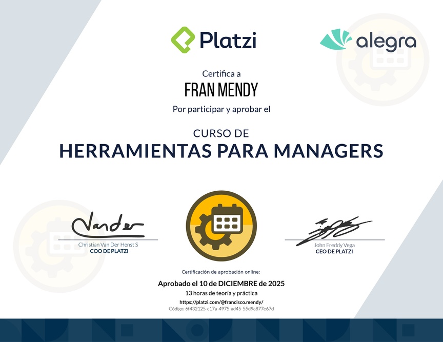 Diploma del Curso de Herramientas para Managers