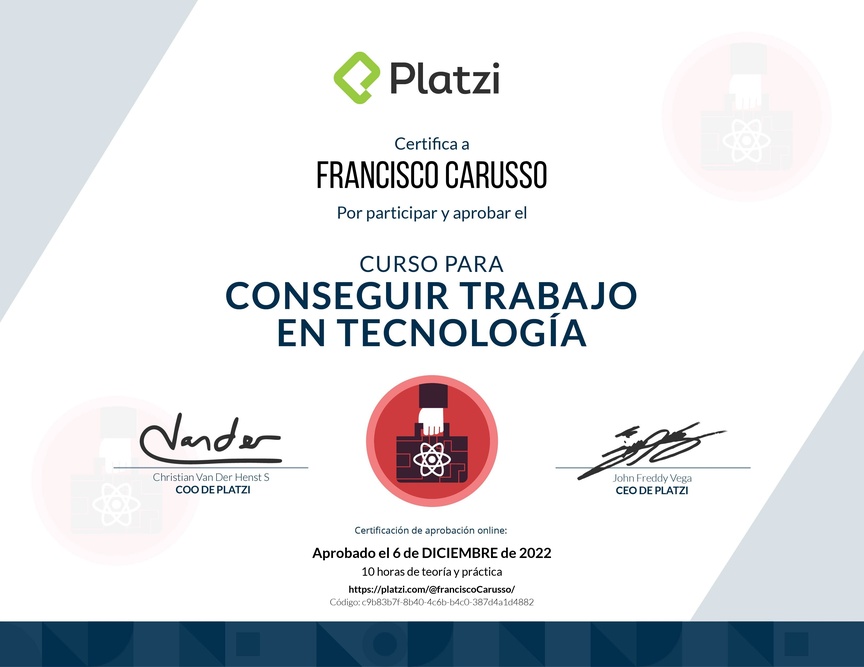 Diploma del Curso para Conseguir Trabajo en Tecnología