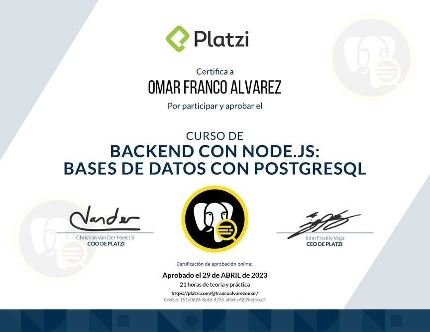 Diploma del Curso de Backend con Node.js: Base de Datos con PostgreSQL