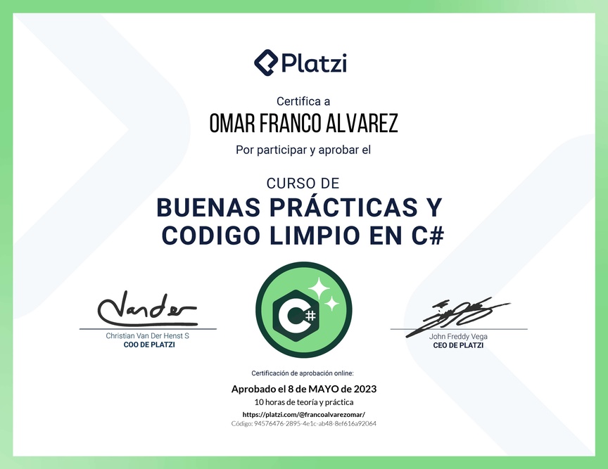 Diploma del Curso de Buenas Prácticas y Código Limpio en C#