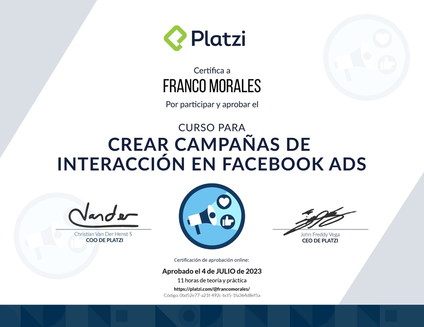 Diploma del Curso de Incremento de Seguidores e Interacción con Facebook Ads