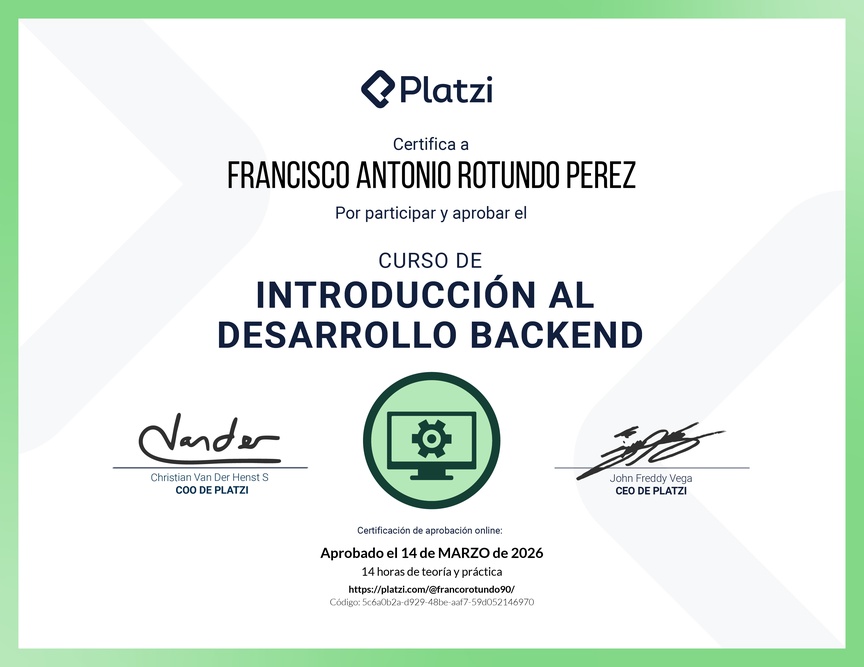 Diploma del Curso de Introducción al Desarrollo Backend