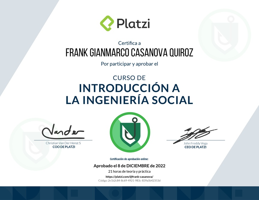 Diploma del Curso de Introducción a la Ingeniería Social: Técnicas, Ataques y Pretexting