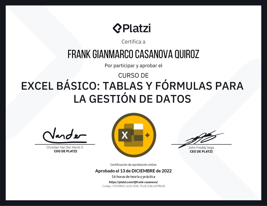 Diploma del Curso de Excel Básico: Tablas y Fórmulas para la Gestión de Datos