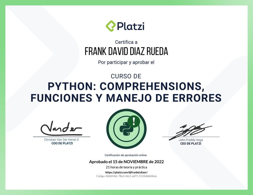 Diploma del Curso de Python: Comprehensions, Funciones y Manejo de Errores