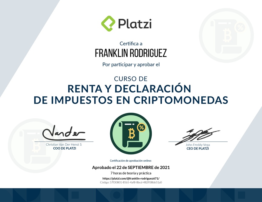 Diploma de Audiocurso de Renta y Declaración de Impuestos en Criptomonedas 2021