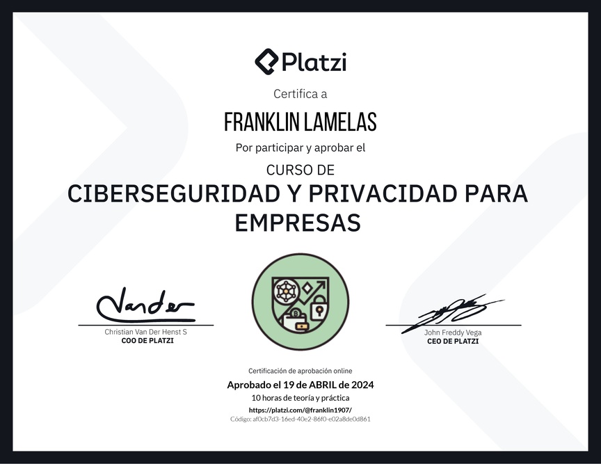 Diploma del Curso de Ciberseguridad y Privacidad Empresarial (2023)