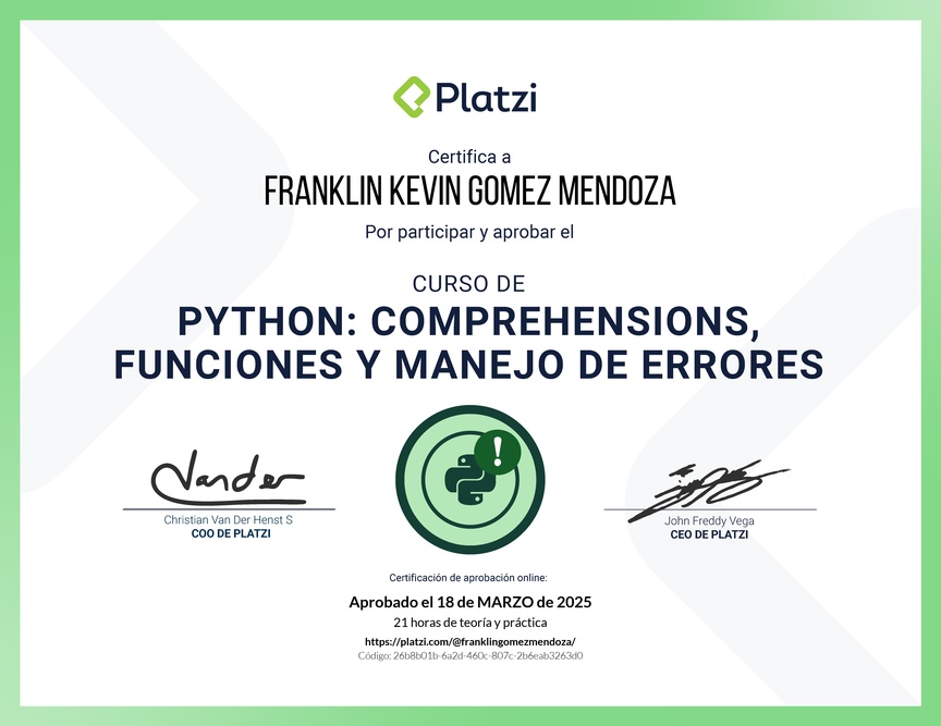 Diploma del Curso de Python: Comprehensions, Funciones y Manejo de Errores