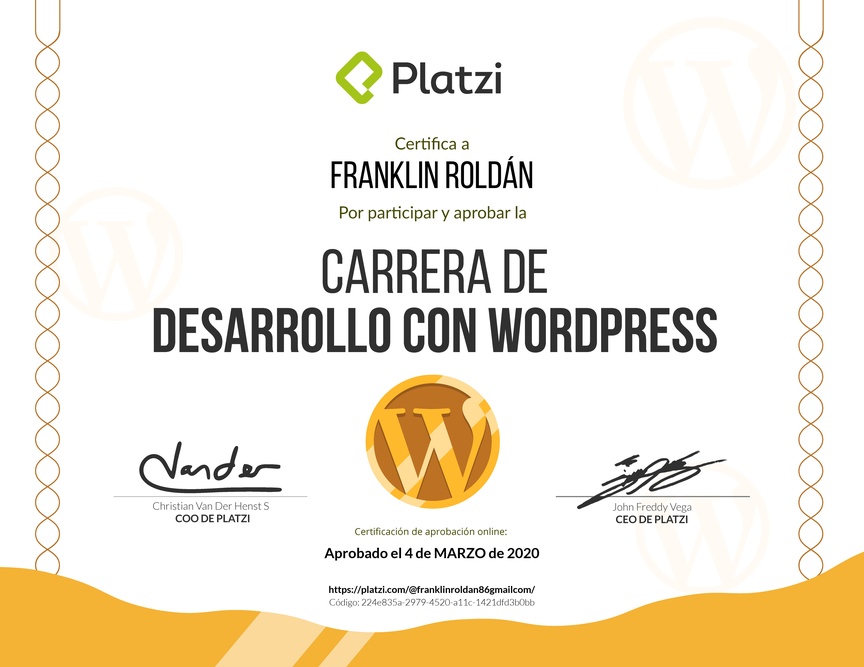 Diploma de la Ruta de Aprendizaje de Desarrollo con WordPress