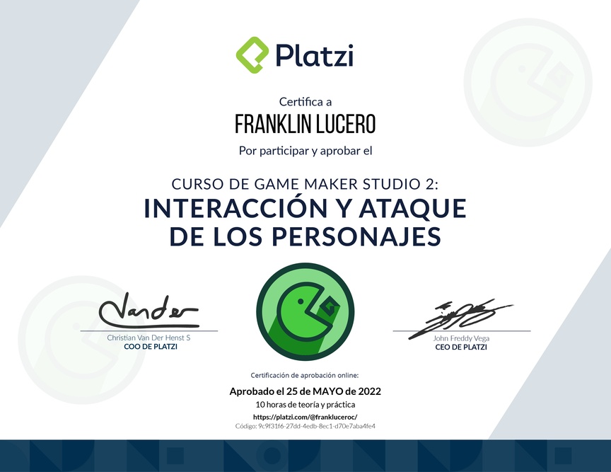 Diploma del Curso de Game Maker Studio 2: Interacción y Ataque de los Personajes