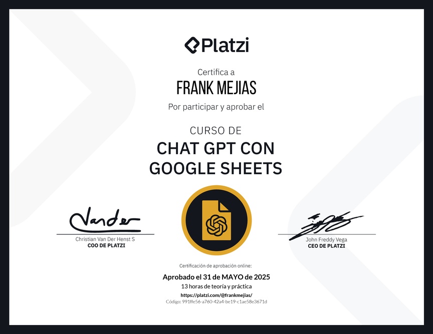 Diploma del Curso de ChatGPT con Google Sheets
