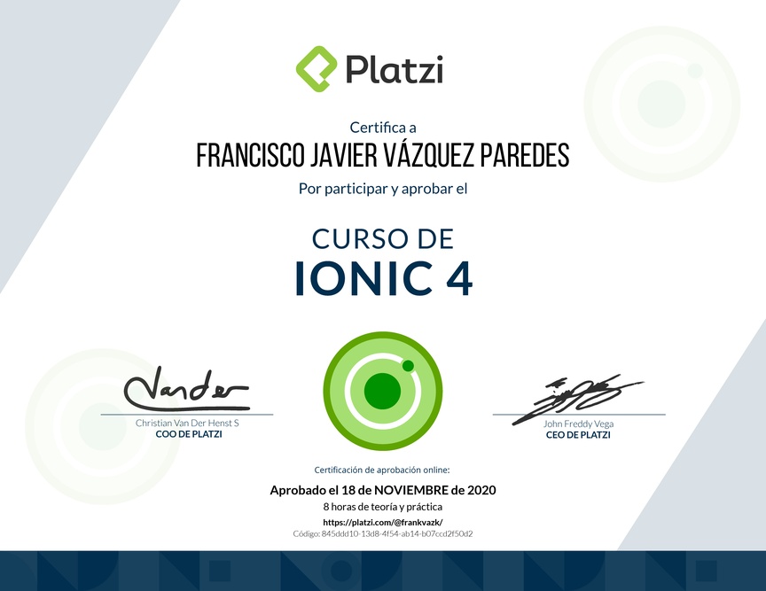 Diploma del Curso de Ionic 4