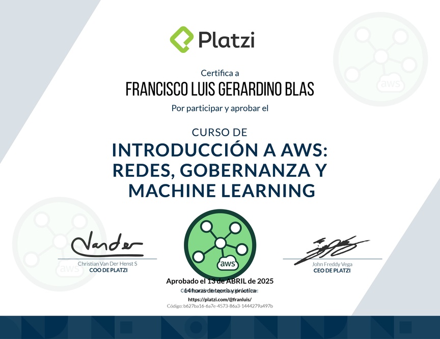 Diploma del Curso de Introducción a AWS: Redes, Gobernanza y Machine Learning